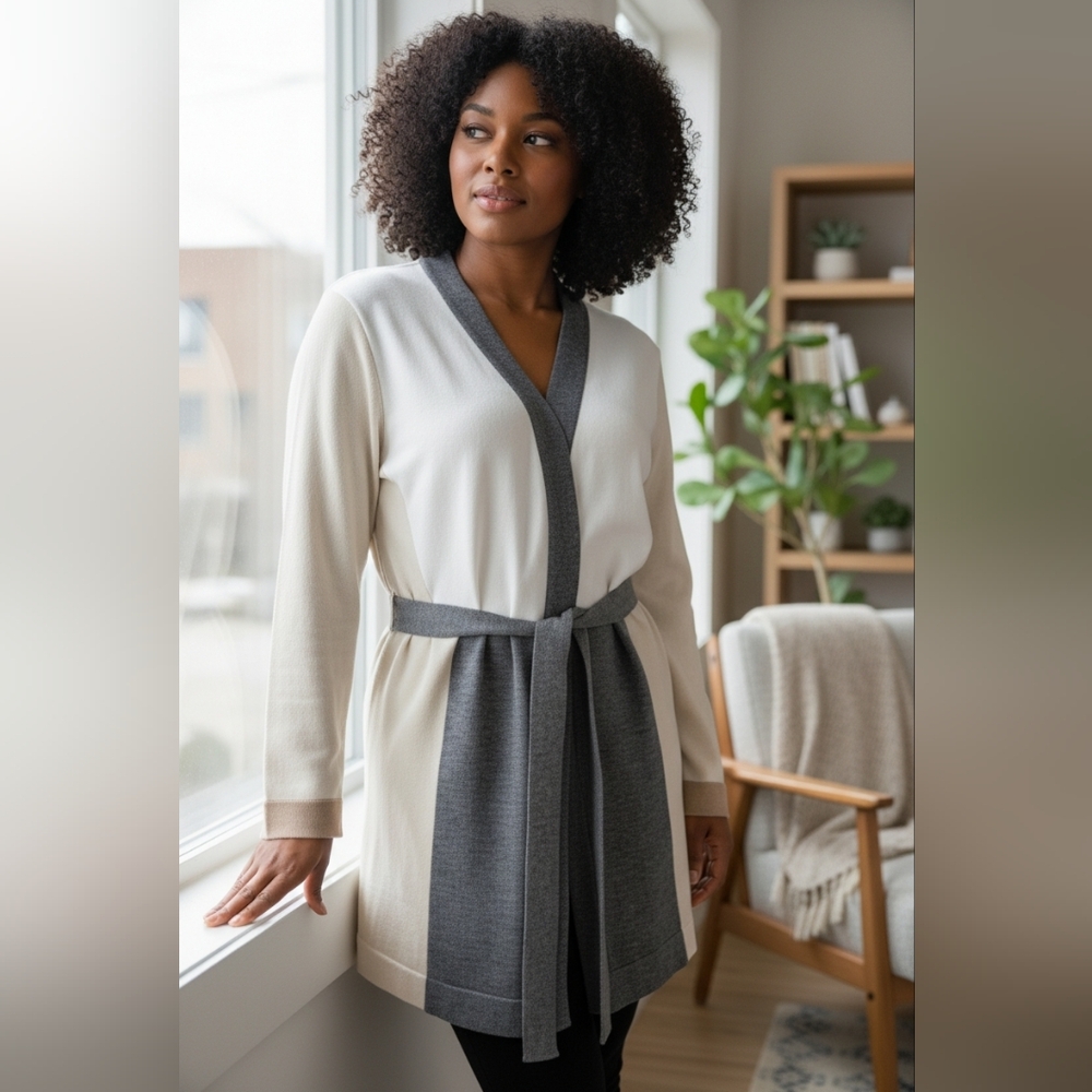Vila Milano Women's Open Front Belted Knit Cardigan Geometric Beige Grey L